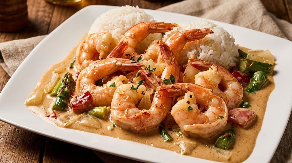 Shrimp and rice in a creamy sauce with asparagus and red peppers on a white plate.
