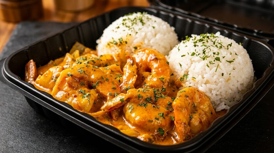 Shrimp in a creamy orange sauce with two mounds of white rice, garnished with parsley, in a black container.