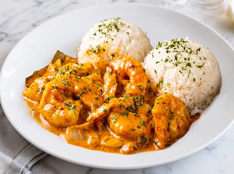 Shrimp in a creamy orange sauce with two mounds of white rice, garnished with parsley.