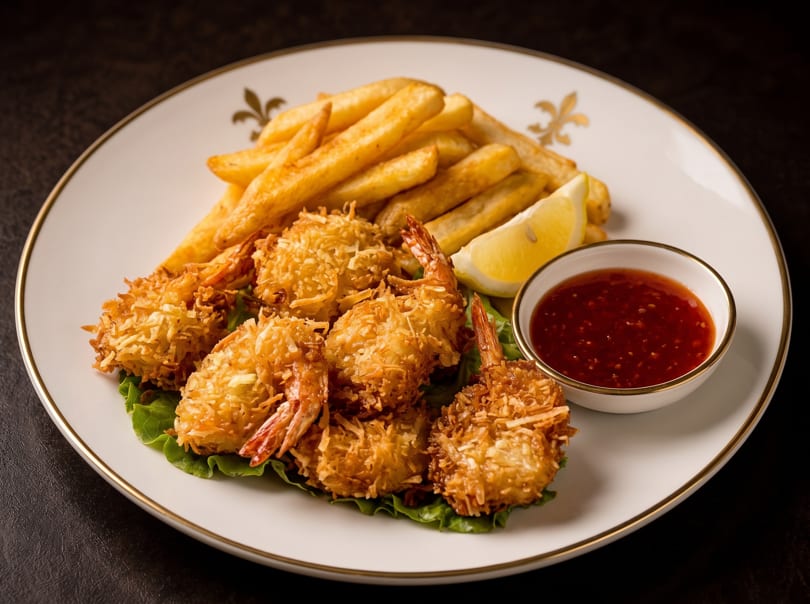 Coconut shrimp with fries, a lemon wedge, and sweet chili sauce on a white plate.