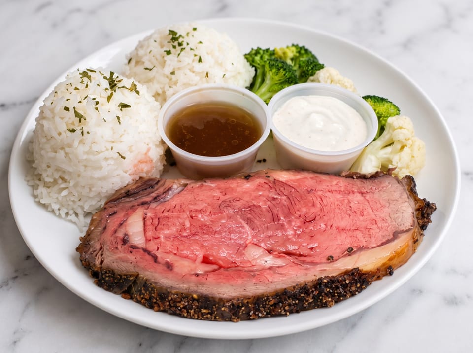 A prime rib dinner with rice, broccoli, cauliflower, au jus, and horseradish sauce on a white plate.