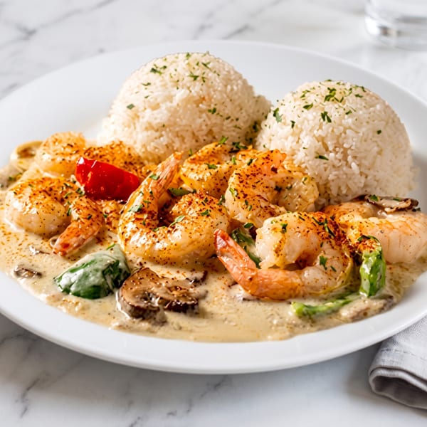 Shrimp scampi with mushrooms, spinach, and red pepper in a creamy sauce, served with two mounds of rice.