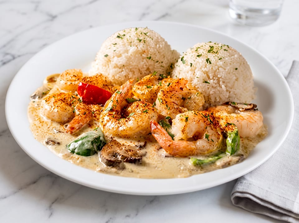 Shrimp scampi with mushrooms, spinach, and red pepper in a creamy sauce, served with two mounds of rice.