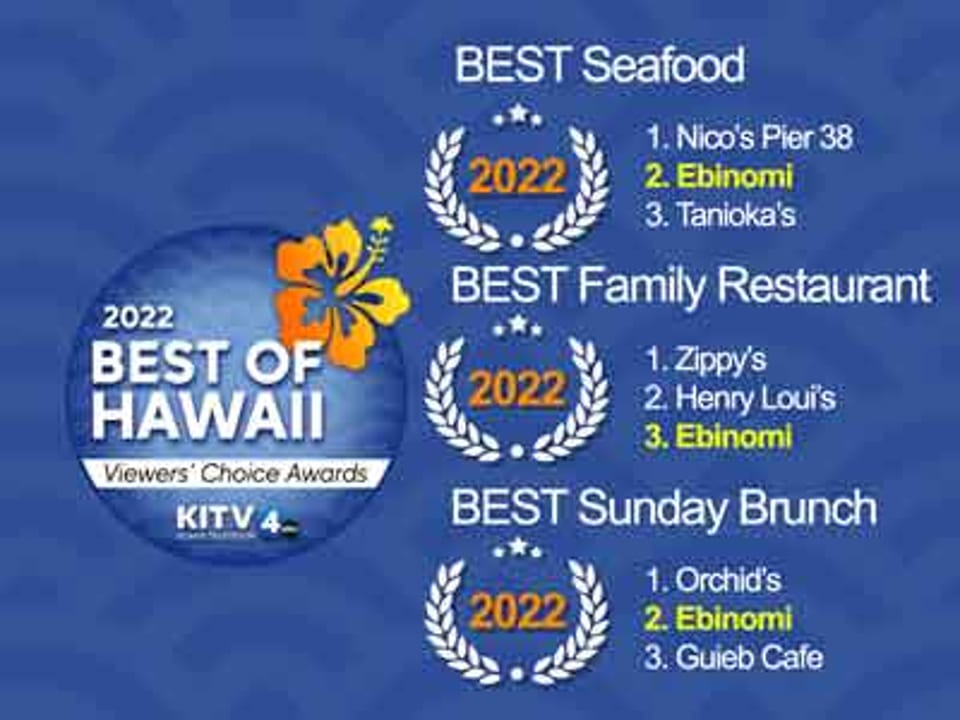Ebinomi restaurant received awards for Best Seafood, Best Family Restaurant, and Best Sunday Brunch in 2022.