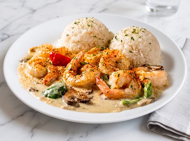 Shrimp scampi with mushrooms, spinach, and red pepper in a creamy sauce, served with two mounds of rice.