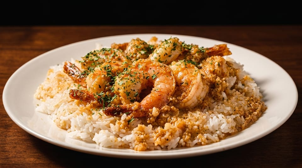 A white plate holds a serving of shrimp scampi over white rice, garnished with parsley.