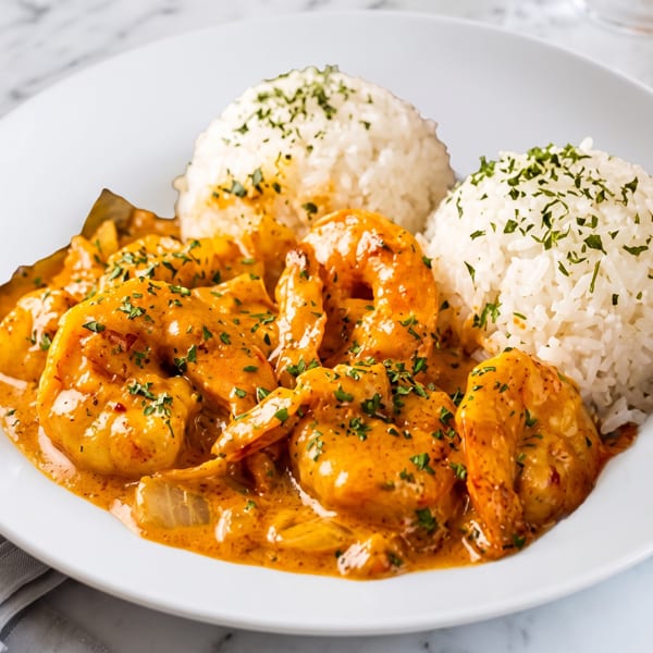 Shrimp in a creamy orange sauce with two mounds of white rice, garnished with parsley.