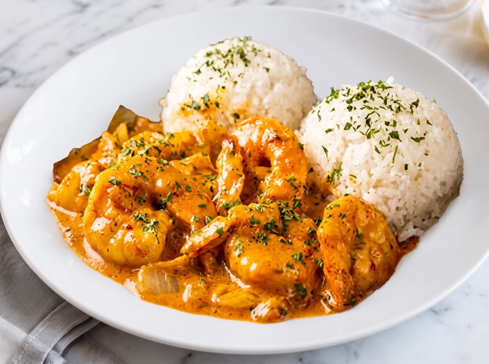 Shrimp in a creamy orange sauce with two mounds of white rice, garnished with parsley.