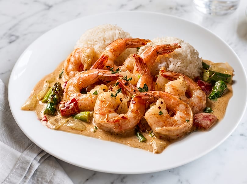 Shrimp and rice with asparagus and red peppers in a creamy sauce on a white plate.