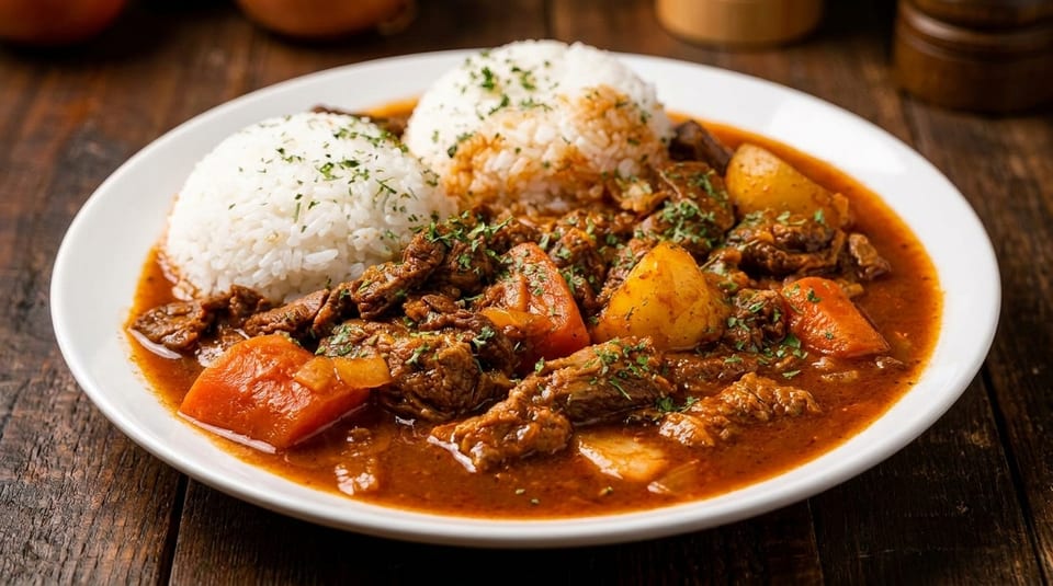 Hearty beef stew with potatoes and carrots, served with two scoops of white rice on a plate.