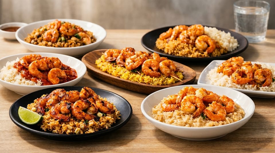Multiple plates of shrimp and rice dishes, including grilled, sauced, and skewered shrimp.