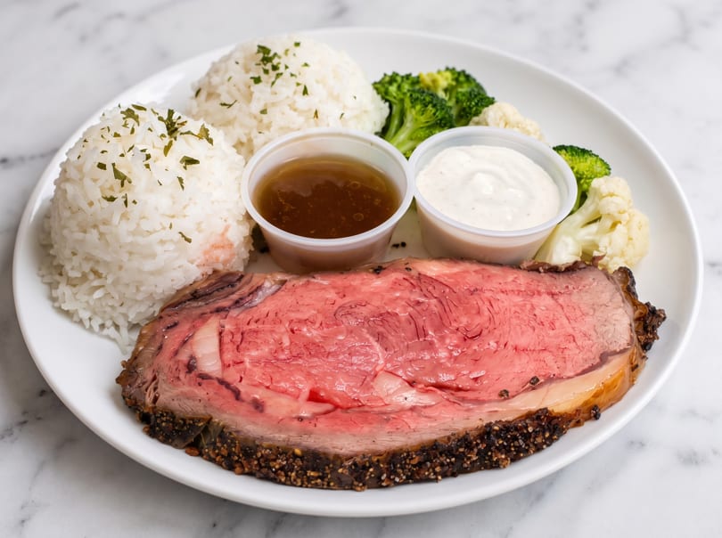 Prime rib with rice, broccoli, cauliflower, au jus, and horseradish sauce on a white plate.