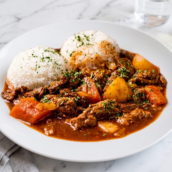 Hearty beef stew with potatoes and carrots, served with two scoops of white rice on a white plate.