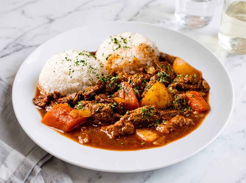 Hearty beef stew with potatoes and carrots, served with two scoops of white rice on a white plate.