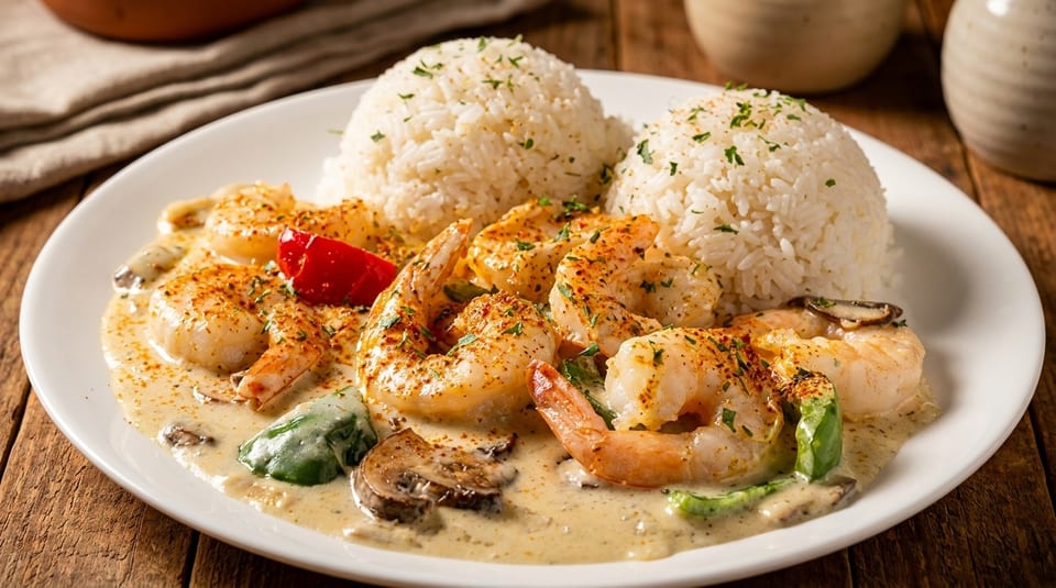 Creamy shrimp dish with mushrooms, bell peppers, and two mounds of white rice on a wooden table.